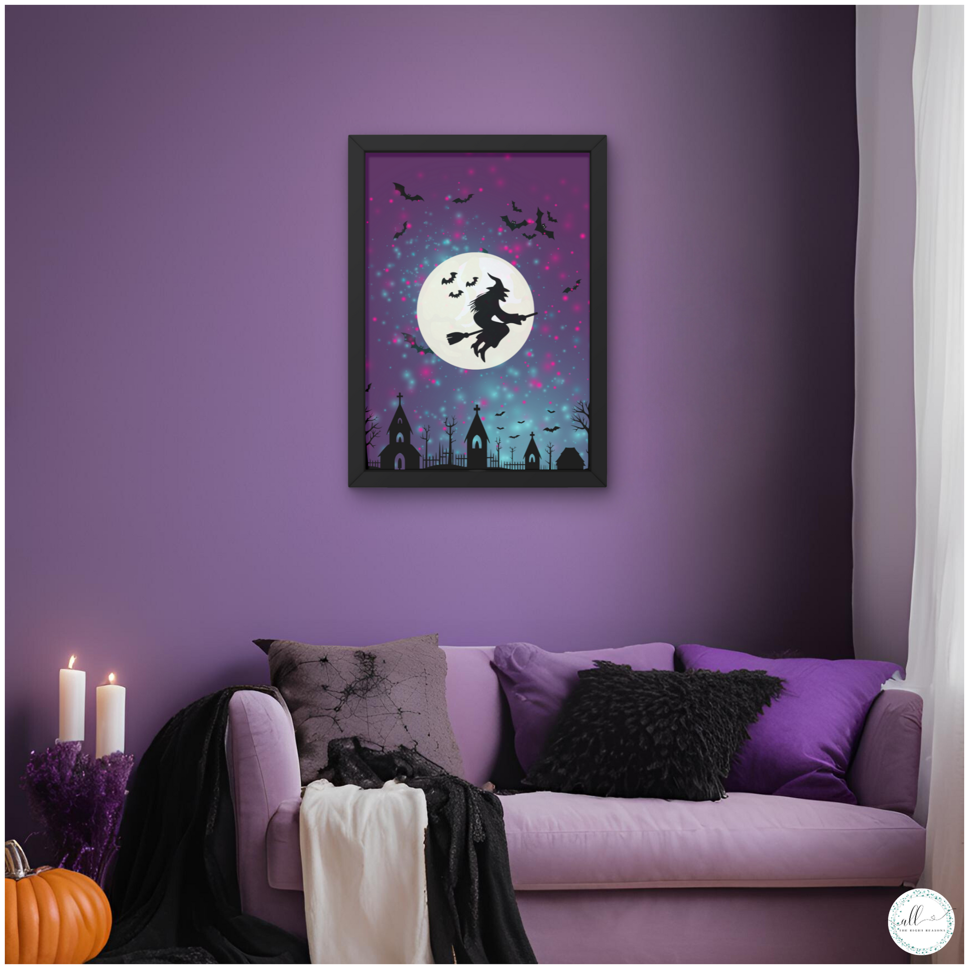 Enchant your home with our Bewitched by the Magical Moon Wall Art Download. This captivating design is perfect for adding a touch of whimsy and magic to your space. With its mystical moonlit theme, this print will bring a sense of wonder and charm to any room, making it a delightful addition to your Halloween or autumn décor.

Halloween | Wall Art | Digital Download | Witch | Moon | Purple | Black | Bats | Autumn | Fall | Holiday | Whimsical | Night