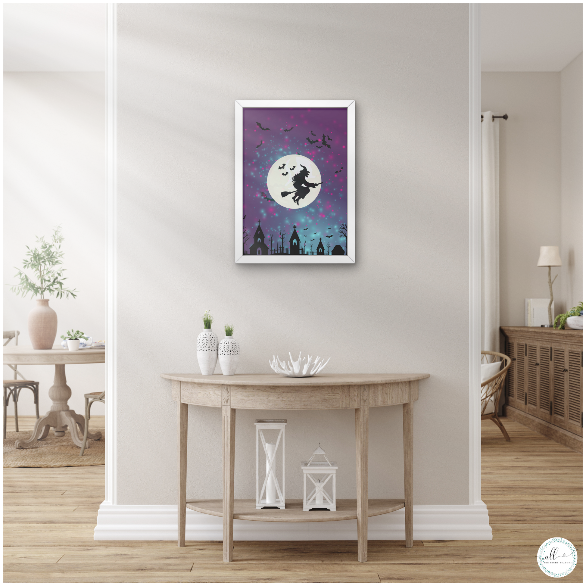 Enchant your home with our Bewitched by the Magical Moon Wall Art Download. This captivating design is perfect for adding a touch of whimsy and magic to your space. With its mystical moonlit theme, this print will bring a sense of wonder and charm to any room, making it a delightful addition to your Halloween or autumn décor.

Halloween | Wall Art | Digital Download | Witch | Moon | Purple | Black | Bats | Autumn | Fall | Holiday | Whimsical | Night