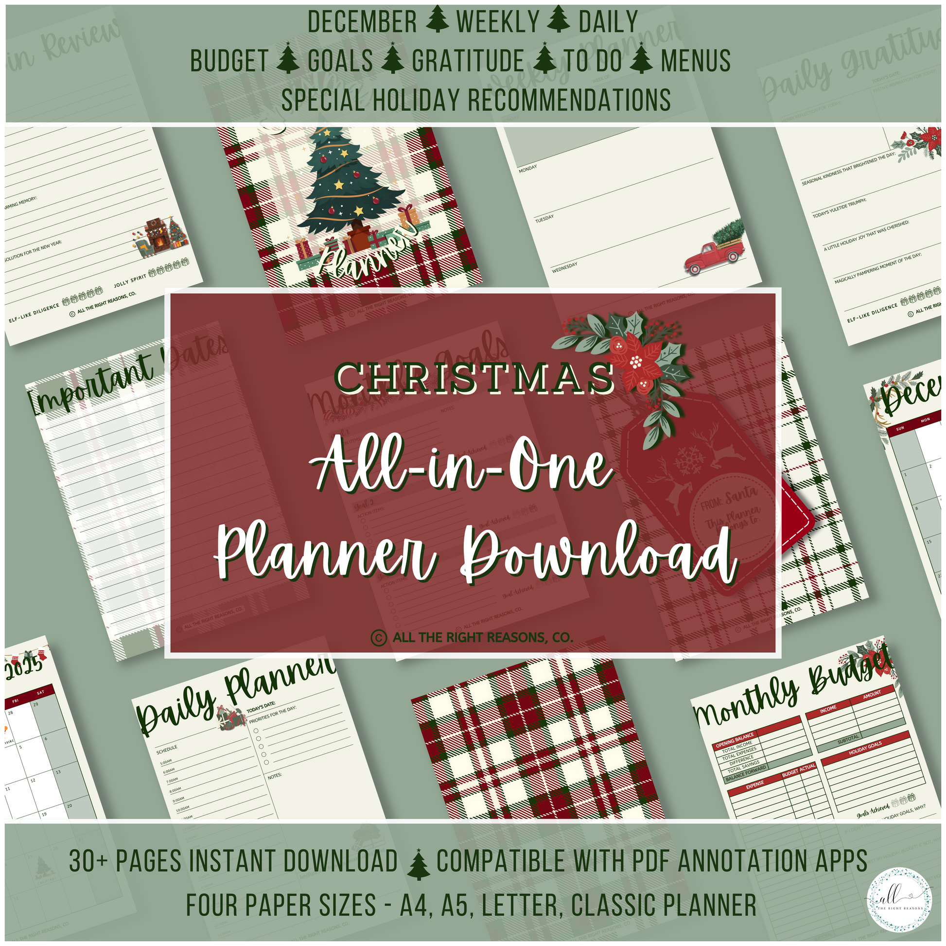 Get ready for a festively organized holiday with our Christmas All-in-One Planner Download, carefully designed to guide you through every merry moment from 2024 to 2026. This elegant and versatile planner offers everything you need to manage your celebrations effortlessly, along with special seasonal recommendations to make your Christmas merry, bright, and stress-free.

Christmas | Planner | Digital Download | Holly | Santa | Green | Red | Presents | Winter | Decorations | Holiday | Budget | Goals