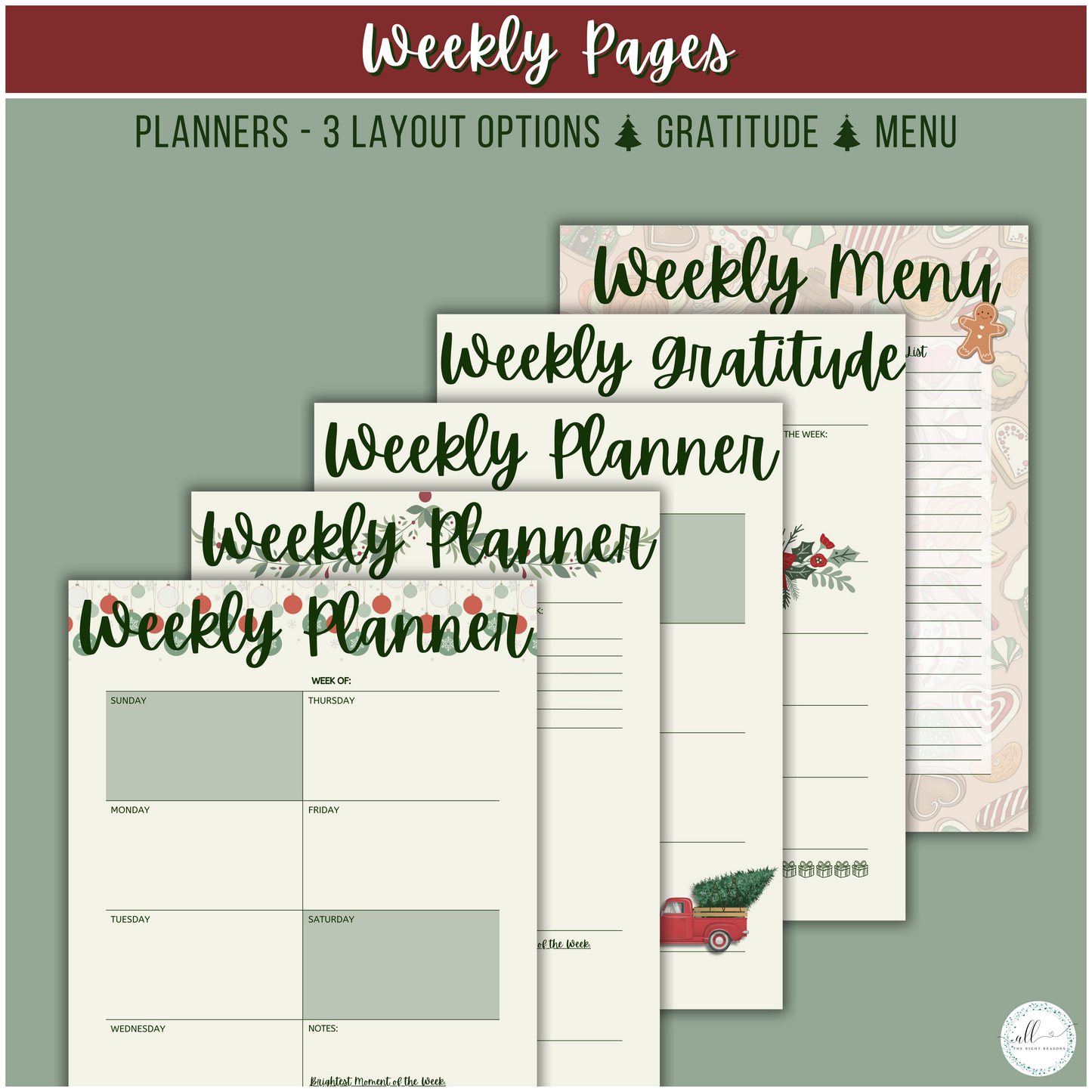 Get ready for a festively organized holiday with our Christmas All-in-One Planner Download, carefully designed to guide you through every merry moment from 2024 to 2026. This elegant and versatile planner offers everything you need to manage your celebrations effortlessly, along with special seasonal recommendations to make your Christmas merry, bright, and stress-free.

Christmas | Planner | Digital Download | Holly | Santa | Green | Red | Presents | Winter | Decorations | Holiday | Budget | Goals