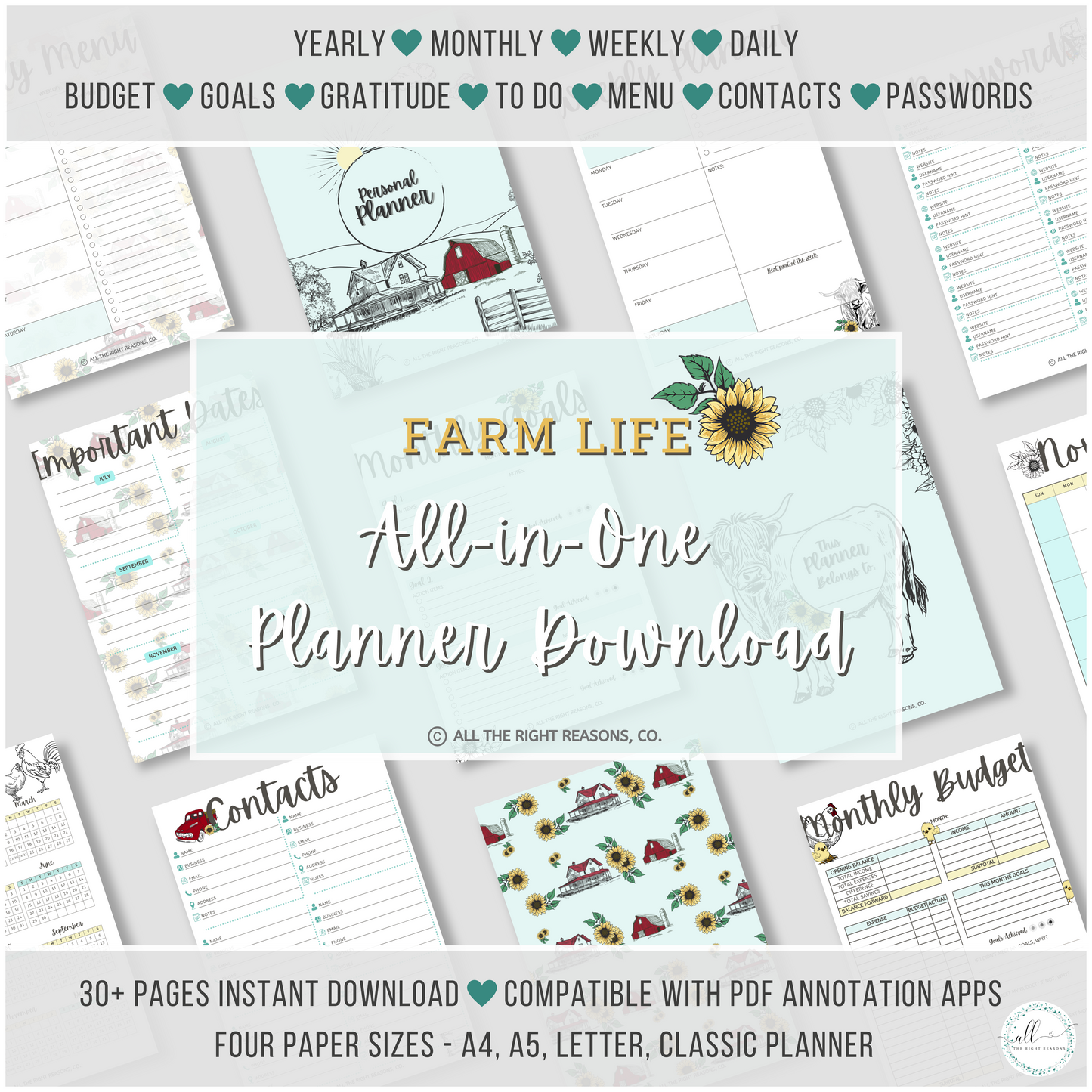 Embrace the charm of the countryside with our Farm Life All-in-One Planner Download. Stay organized from 2024 to 2026 with this charming and practical planner, designed to help you manage your days, weeks, and months effortlessly. With over 30 pages of comprehensive planning tools, it offers everything you need to keep track of your goals and progress while celebrating the simplicity of farm life.

Farm | Planner | Digital Download | Flowers | Blue | Red | Chicken | Animals | Country | Truck | Cow | Budget 