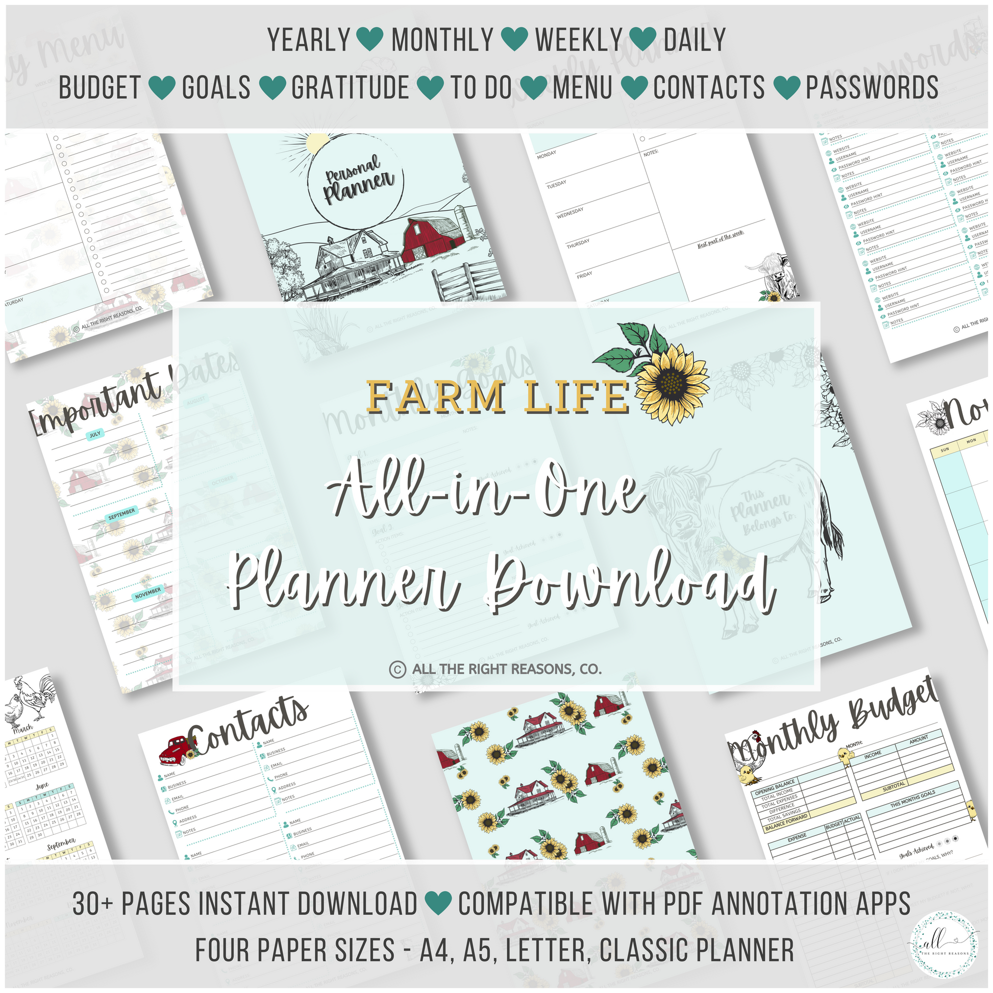 Embrace the charm of the countryside with our Farm Life All-in-One Planner Download. Stay organized from 2024 to 2026 with this charming and practical planner, designed to help you manage your days, weeks, and months effortlessly. With over 30 pages of comprehensive planning tools, it offers everything you need to keep track of your goals and progress while celebrating the simplicity of farm life.

Farm | Planner | Digital Download | Flowers | Blue | Red | Chicken | Animals | Country | Truck | Cow | Budget 