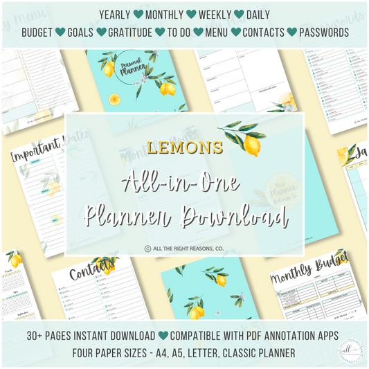 Brighten up your planning with our Lemons All-in-One Planner Download. Stay organized and inspired from 2024 to 2026 with this cheerful and stylish planner. Featuring over 30 pages, it’s packed with everything you need to set goals, track progress, and manage your days, weeks, and months. Let the lemon theme add a refreshing touch to your daily planning.

Lemons | Planner | Digital Download | Flowers | Teal | Yellow | Spring | Fresh | Country | Chic | Summer | Budget | Goals