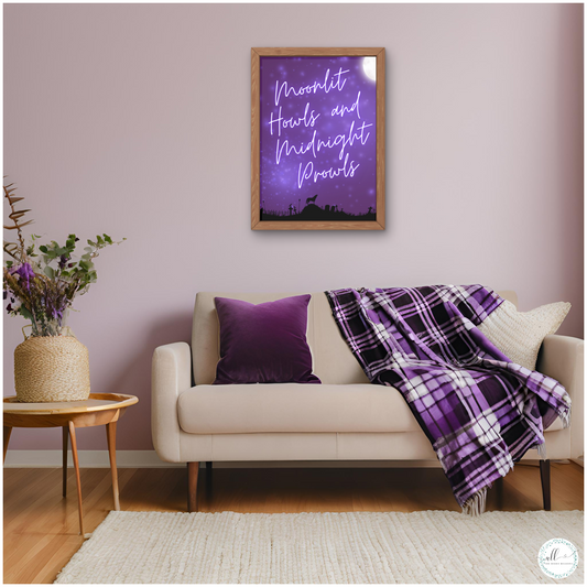 Transform your space with our Moonlit Howls and Midnight Prowls Wall Art Download. This intriguing design captures the essence of a moonlit night filled with mystery and excitement. Perfect for Halloween or any time you want to add a touch of nocturnal adventure, this art print will give your room a thrilling and atmospheric vibe.

Halloween | Wall Art | Digital Download | Werewolf | Moon | Purple | Black | Wolf | Stars | Fall | Holiday | Whimsical | Night