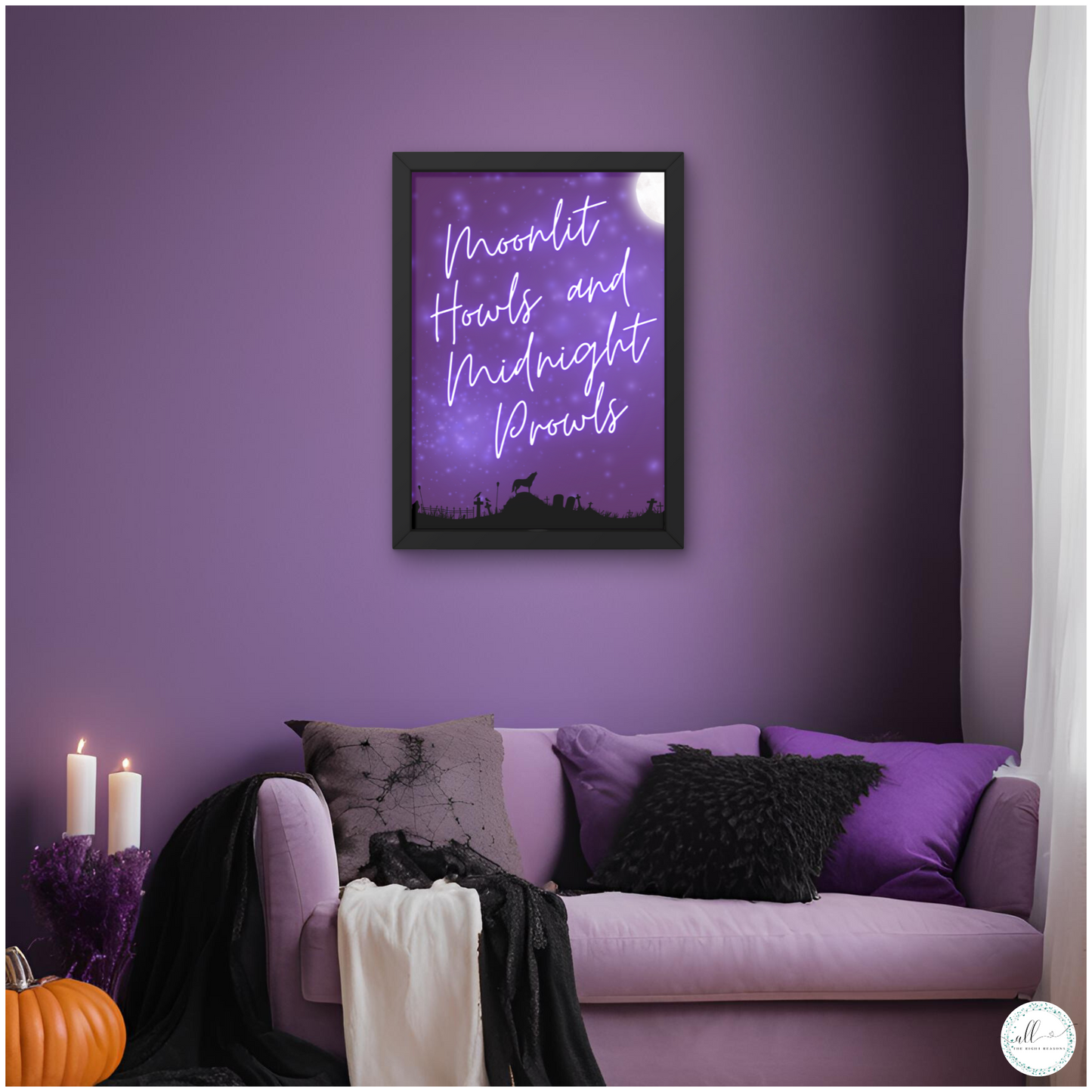 Transform your space with our Moonlit Howls and Midnight Prowls Wall Art Download. This intriguing design captures the essence of a moonlit night filled with mystery and excitement. Perfect for Halloween or any time you want to add a touch of nocturnal adventure, this art print will give your room a thrilling and atmospheric vibe.

Halloween | Wall Art | Digital Download | Werewolf | Moon | Purple | Black | Wolf | Stars | Fall | Holiday | Whimsical | Night