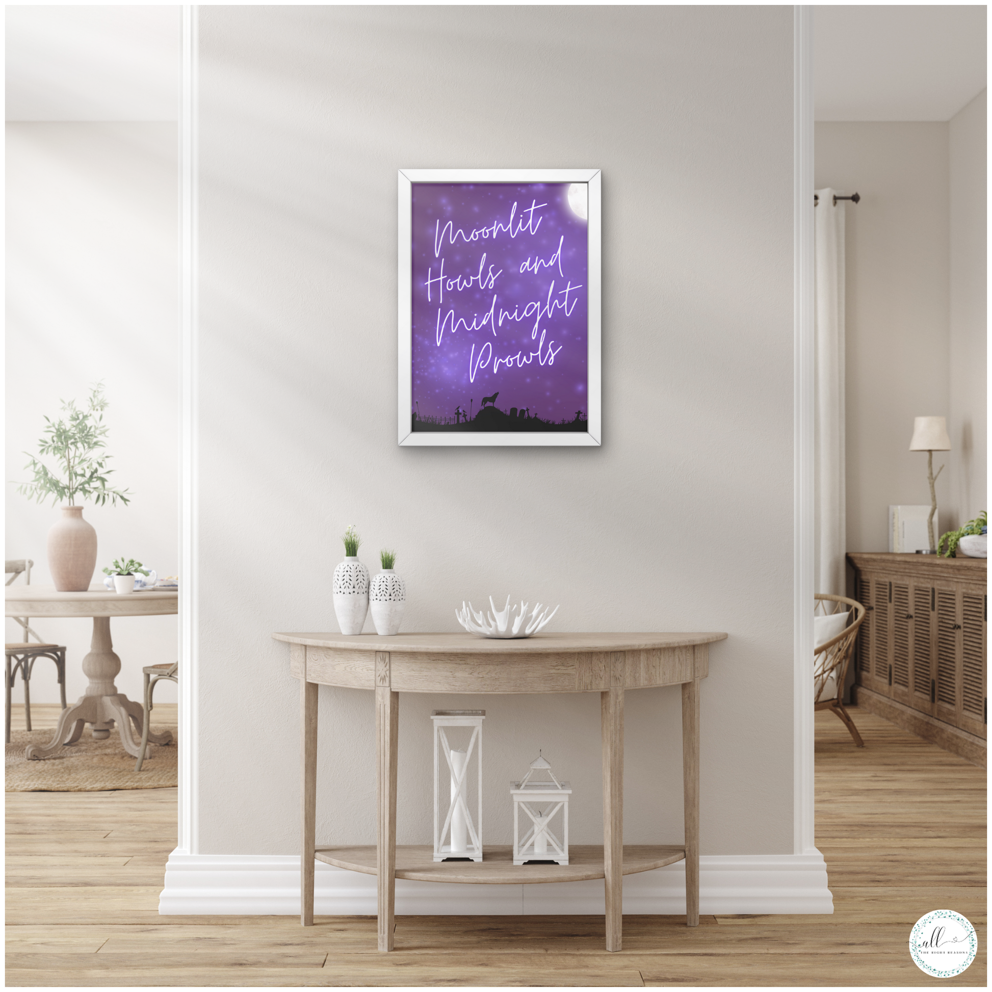 Transform your space with our Moonlit Howls and Midnight Prowls Wall Art Download. This intriguing design captures the essence of a moonlit night filled with mystery and excitement. Perfect for Halloween or any time you want to add a touch of nocturnal adventure, this art print will give your room a thrilling and atmospheric vibe.

Halloween | Wall Art | Digital Download | Werewolf | Moon | Purple | Black | Wolf | Stars | Fall | Holiday | Whimsical | Night
