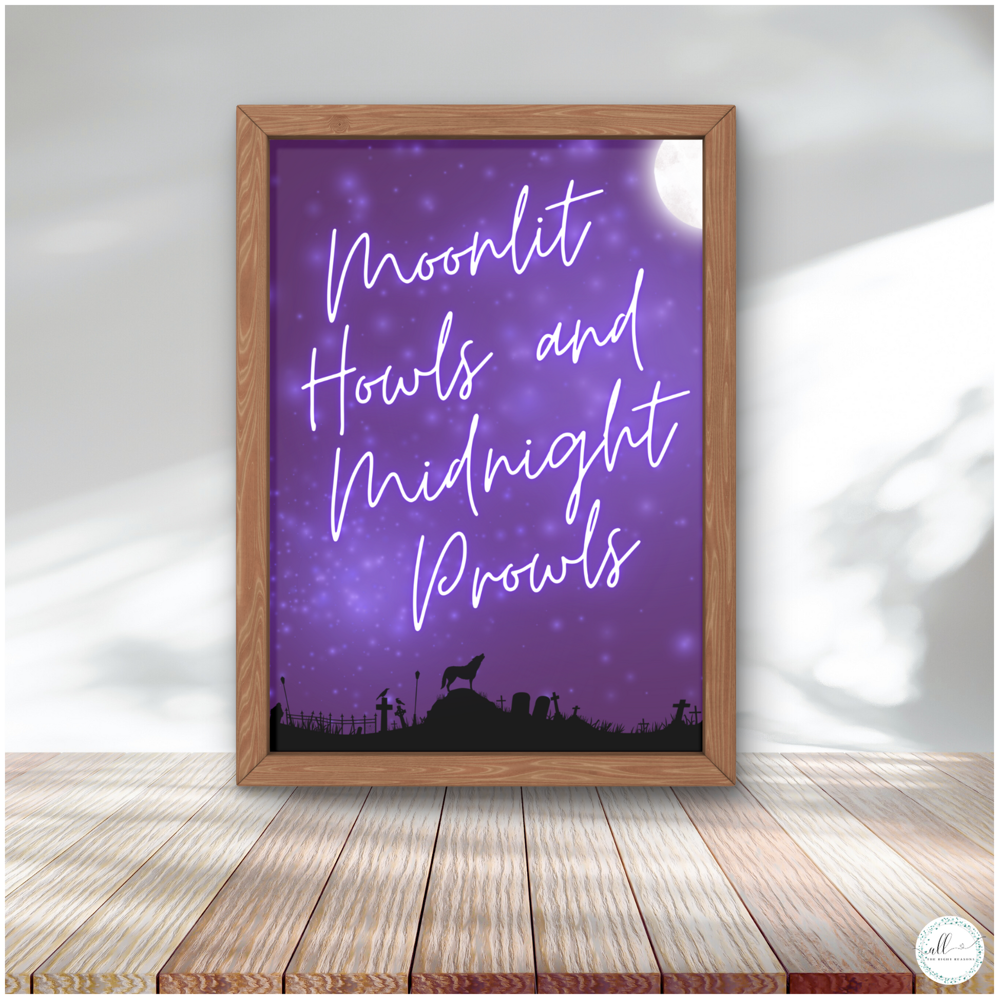 Transform your space with our Moonlit Howls and Midnight Prowls Wall Art Download. This intriguing design captures the essence of a moonlit night filled with mystery and excitement. Perfect for Halloween or any time you want to add a touch of nocturnal adventure, this art print will give your room a thrilling and atmospheric vibe.

Halloween | Wall Art | Digital Download | Werewolf | Moon | Purple | Black | Wolf | Stars | Fall | Holiday | Whimsical | Night