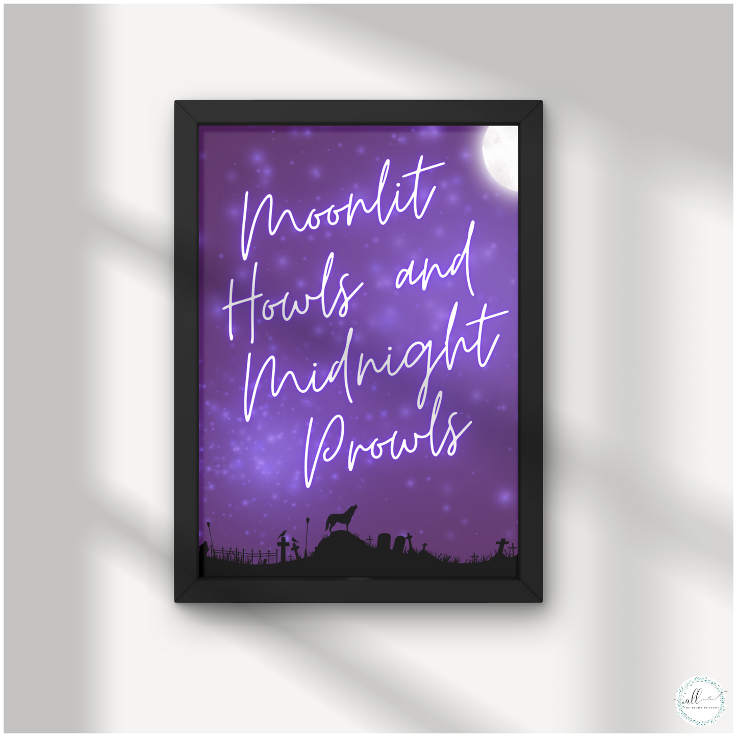 Transform your space with our Moonlit Howls and Midnight Prowls Wall Art Download. This intriguing design captures the essence of a moonlit night filled with mystery and excitement. Perfect for Halloween or any time you want to add a touch of nocturnal adventure, this art print will give your room a thrilling and atmospheric vibe.

Halloween | Wall Art | Digital Download | Werewolf | Moon | Purple | Black | Wolf | Stars | Fall | Holiday | Whimsical | Night