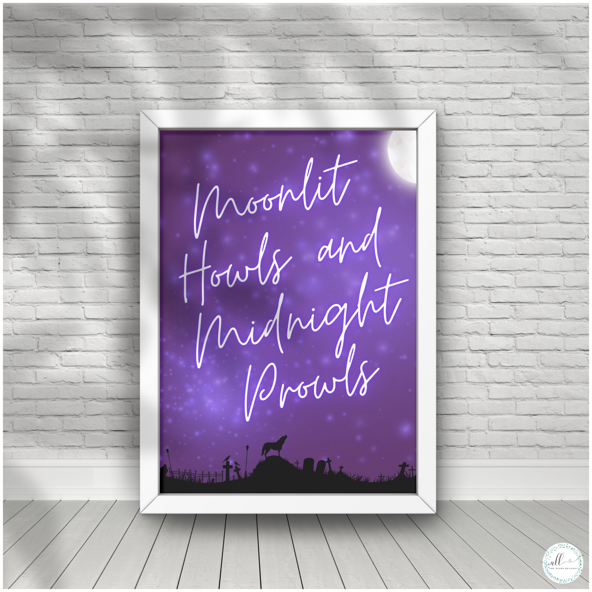 Transform your space with our Moonlit Howls and Midnight Prowls Wall Art Download. This intriguing design captures the essence of a moonlit night filled with mystery and excitement. Perfect for Halloween or any time you want to add a touch of nocturnal adventure, this art print will give your room a thrilling and atmospheric vibe.

Halloween | Wall Art | Digital Download | Werewolf | Moon | Purple | Black | Wolf | Stars | Fall | Holiday | Whimsical | Night