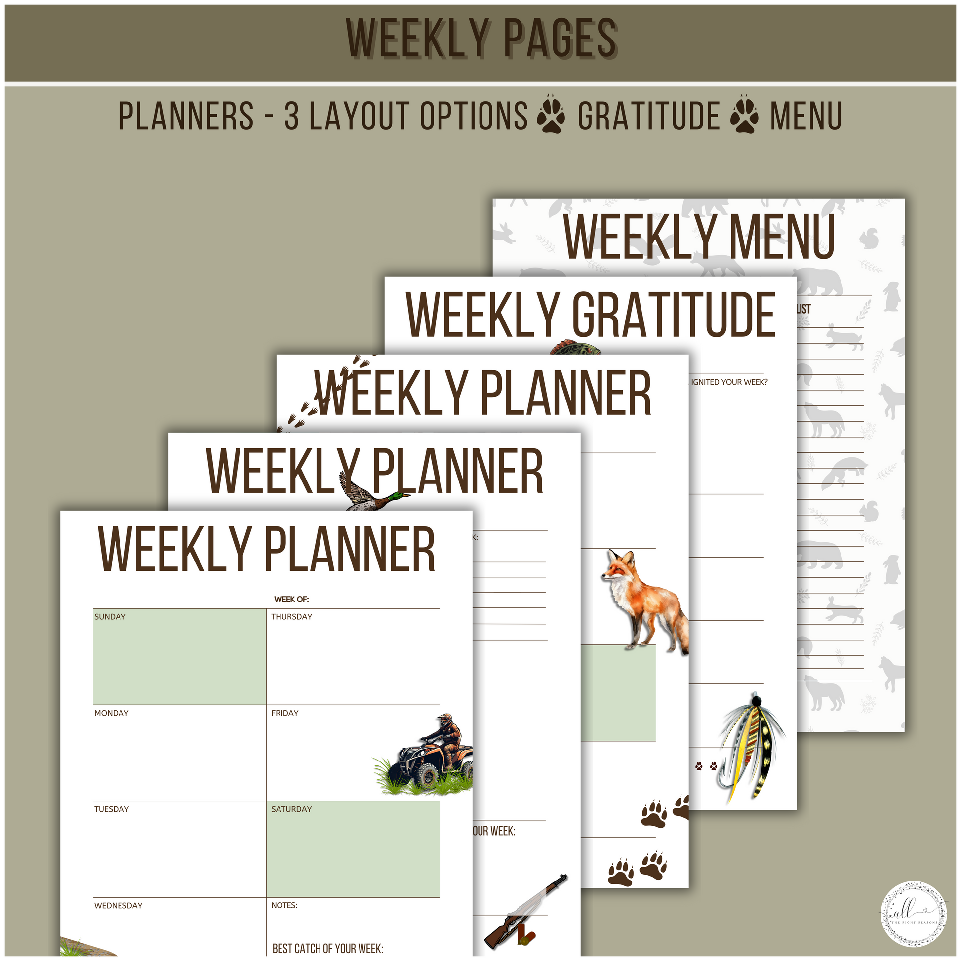 Gear up for every adventure with our Outdoor All-in-One Planner Download. From 2024 to 2026, this rugged and versatile planner helps you stay on top of your days, weeks, and months. With over 30 pages of detailed planning tools, it’s perfect for tracking your goals, progress, and adventures, while keeping your life organized and ready for the next outdoor journey.

Outdoor | Planner | Digital Download | ATV | Hunting | Camping | Off-Road | Fishing | Hiking | Adventure | Green | Budget | Goals