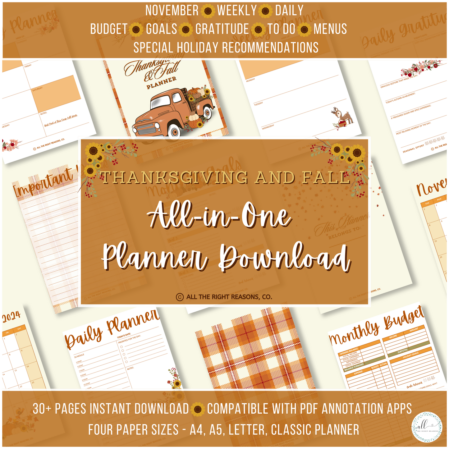 Embrace the beauty of autumn and plan the perfect holiday season with our Thanksgiving & Fall All-in-One Planner Download. Designed to keep you organized from 2024 to 2026, this cozy, fall-inspired planner helps you savor every moment. With special seasonal recommendations, you’ll enjoy all the warmth, gratitude, and joy the season brings!

Thanksgiving, Planner, Digital Download, Apples, Pumpkins, Orange, Sun Flowers, Animals, Autumn, Fall, Holiday, Budget, Goals