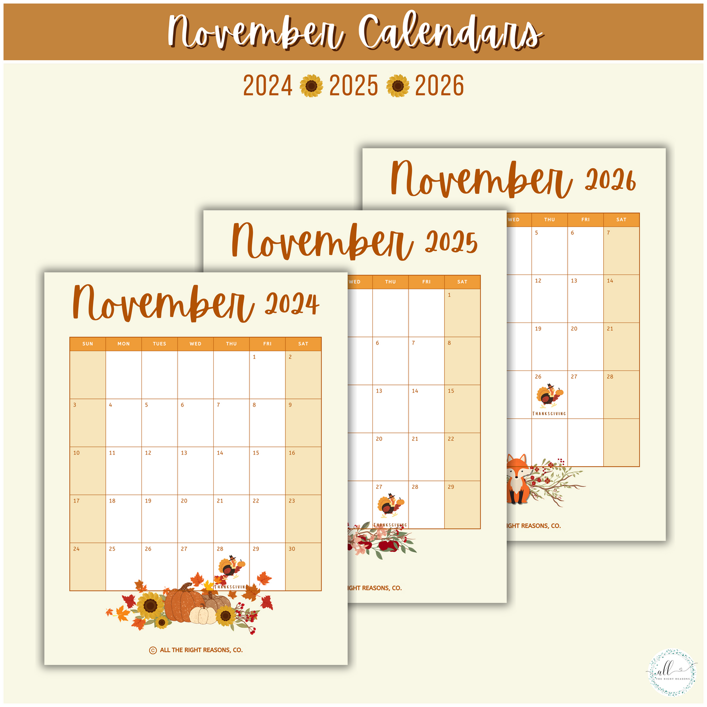 Embrace the beauty of autumn and plan the perfect holiday season with our Thanksgiving & Fall All-in-One Planner Download. Designed to keep you organized from 2024 to 2026, this cozy, fall-inspired planner helps you savor every moment. With special seasonal recommendations, you’ll enjoy all the warmth, gratitude, and joy the season brings!

Thanksgiving, Planner, Digital Download, Apples, Pumpkins, Orange, Sun Flowers, Animals, Autumn, Fall, Holiday, Budget, Goals