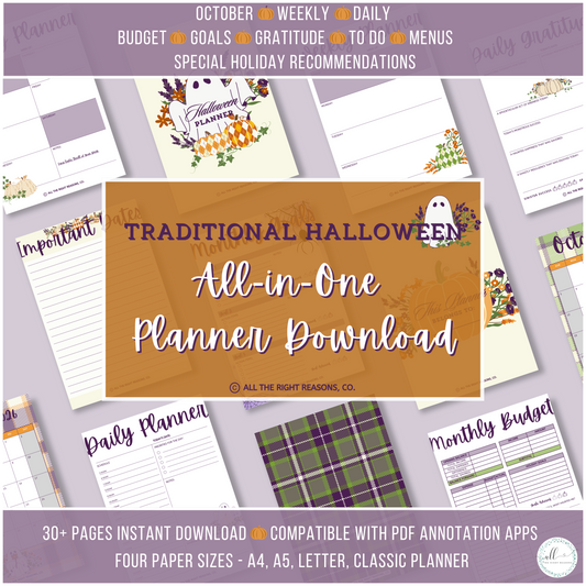 Prepare for a frightfully efficient Halloween season with our Traditional Halloween All-in-One Planner Download. From 2024 to 2026, this timeless, thoughtfully crafted planner will help you manage every festive detail. Stay ahead of the Halloween hustle while enjoying classic seasonal recommendations that bring a touch of nostalgia and tradition to your celebrations.

Halloween | Planner | Digital Download | Ghosts | Pumpkins | Purple | Orange | Flowers | Autumn | Fall | Holiday | Budget | Goals