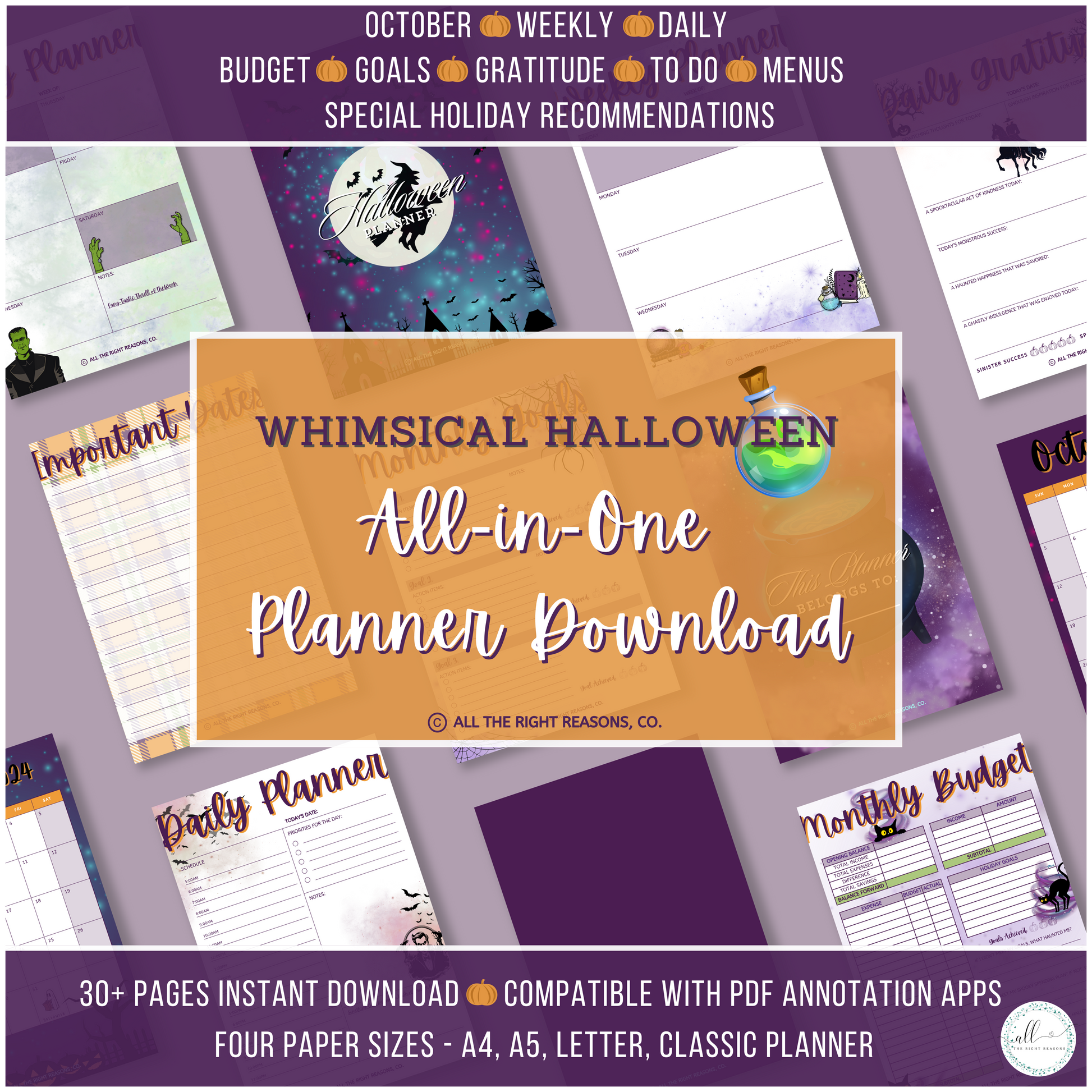 Step into a spooky Halloween season with our Whimsical Halloween All-in-One Planner Download. Designed to add a touch of magic to every moment from 2024 to 2026, this fun and vibrant planner ensures you stay on top of the festivities. With everything you need to breeze through the season, plus whimsical seasonal recommendations, you’ll find joy in every spooky celebration!

Halloween | Planner | Digital Download | Witch | Pumpkin | Purple | Orange | Monster | Spooky | Black Cat | Holiday | Budget | Goals